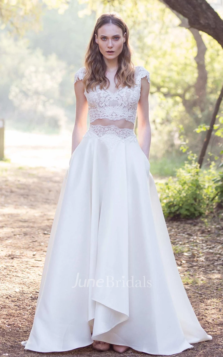 V-Neck Cap-Sleeve Two-Piece A-Line Satin Wedding Dress With Appliques