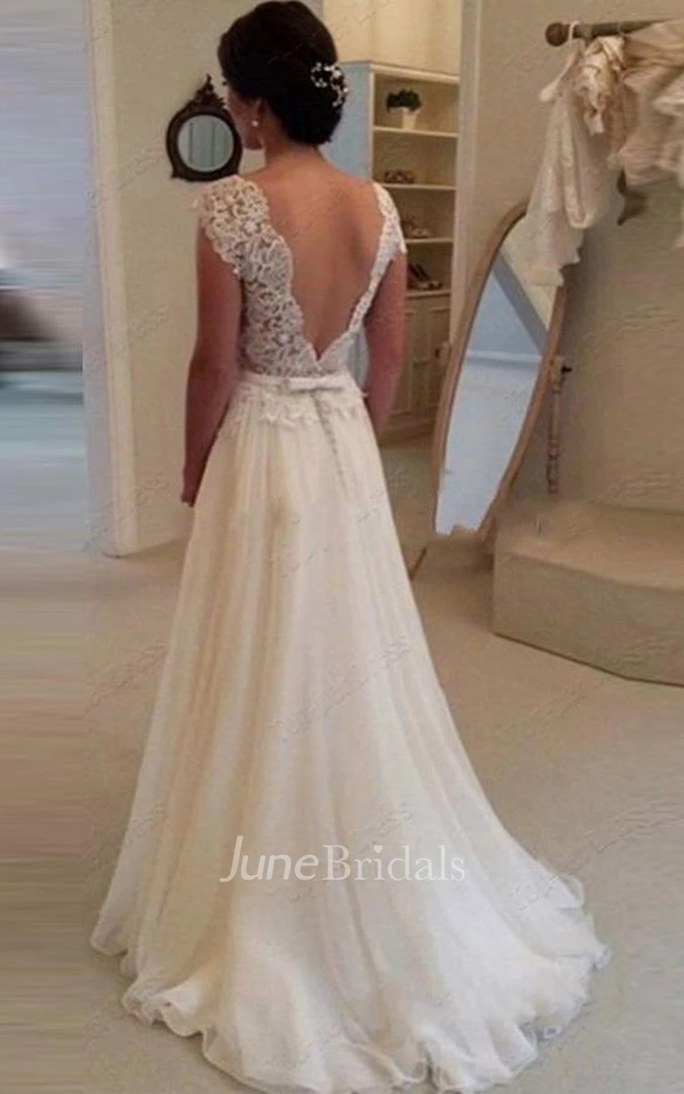 Chiffon Long Lace Open Back Wedding Dress Sleeveless Elegant