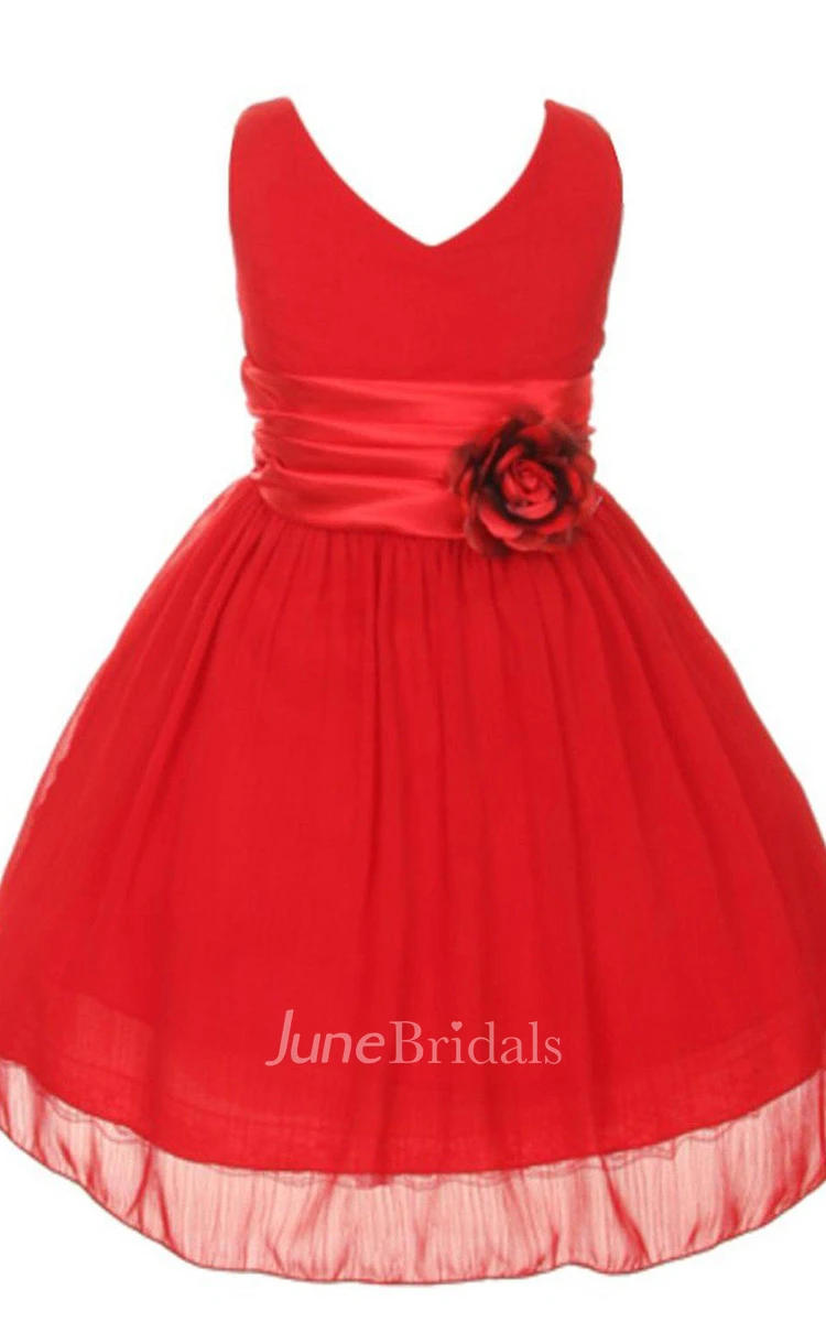 Sleeveless V-neck A-line Pleated Dress With Flower