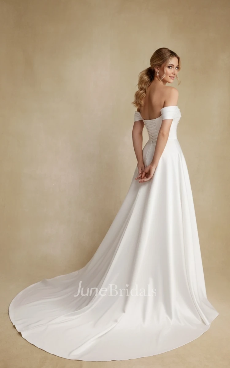 Minimalist A-Line Off-the-Shoulder Wedding Dress Modern Pleated Corset Back Bridal Gown