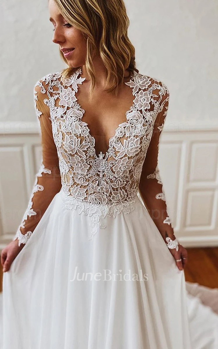 Simple A Line Floor-length Court Train Chiffon Lace V-neck Long Sleeve Wedding Dress