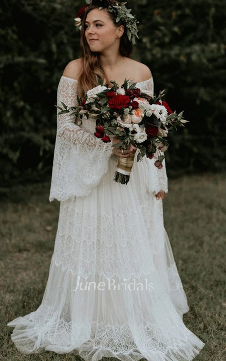 Boho Casual Plus Size A Line Lace Off-the-shoulder Long Sleeve Wedding Dress With Pleats