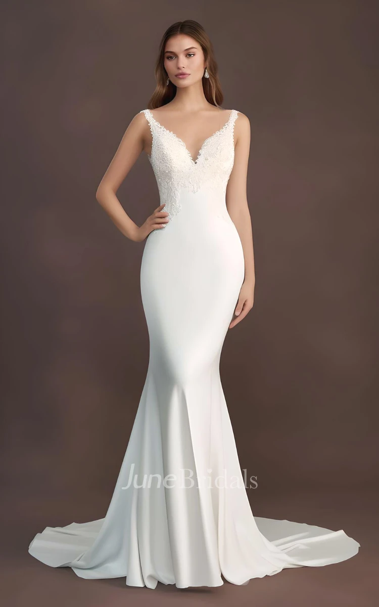 2024 Mermaid Satin Lace Sleeveless Wedding Dress V-neck Country Garden Sweep Train Simple Sexy Elegant Modern