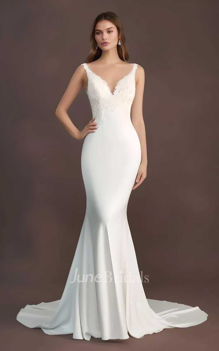 2025 Mermaid Satin Lace Sleeveless Wedding Dress V-neck Country Garden Sweep Train Simple Sexy Elegant Modern