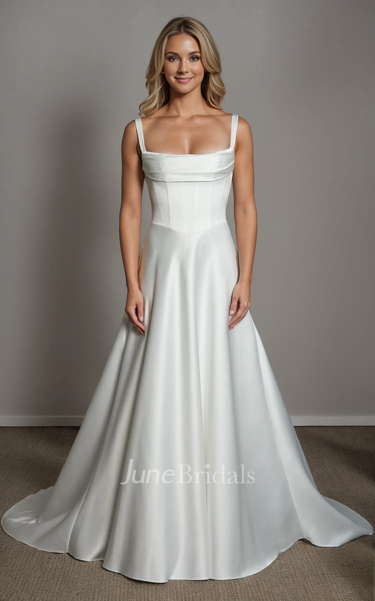 Modern Simple A-Line Square Neck Satin Wedding Dress Sexy Solid Straps Sleeveless Backless Draping Fish Bones Waist Bridal Gown