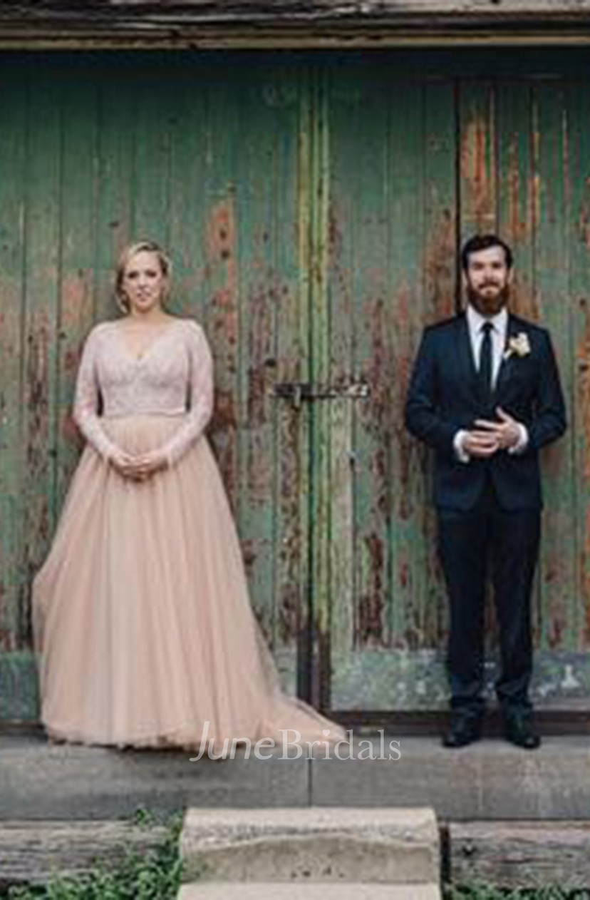 plus size blush wedding dress with sleeves