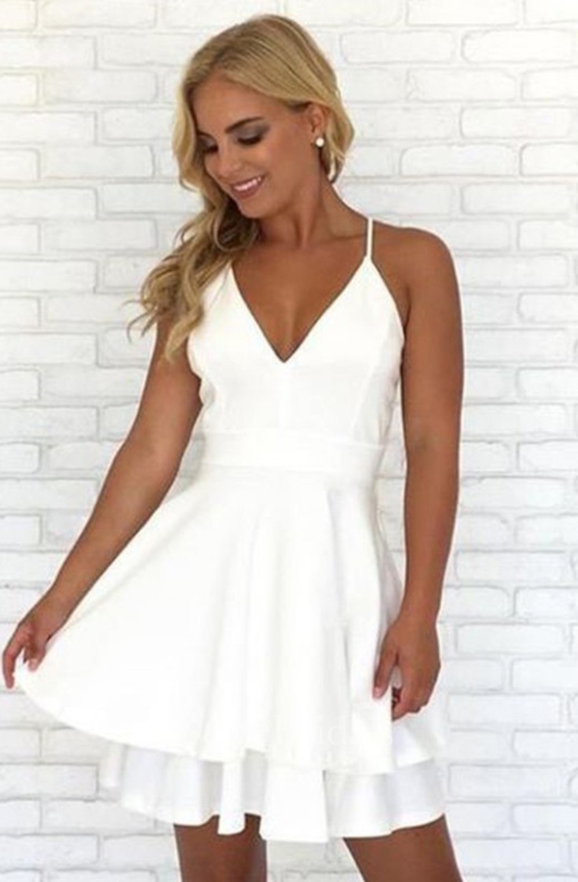 short chiffon homecoming dress with lace racerback